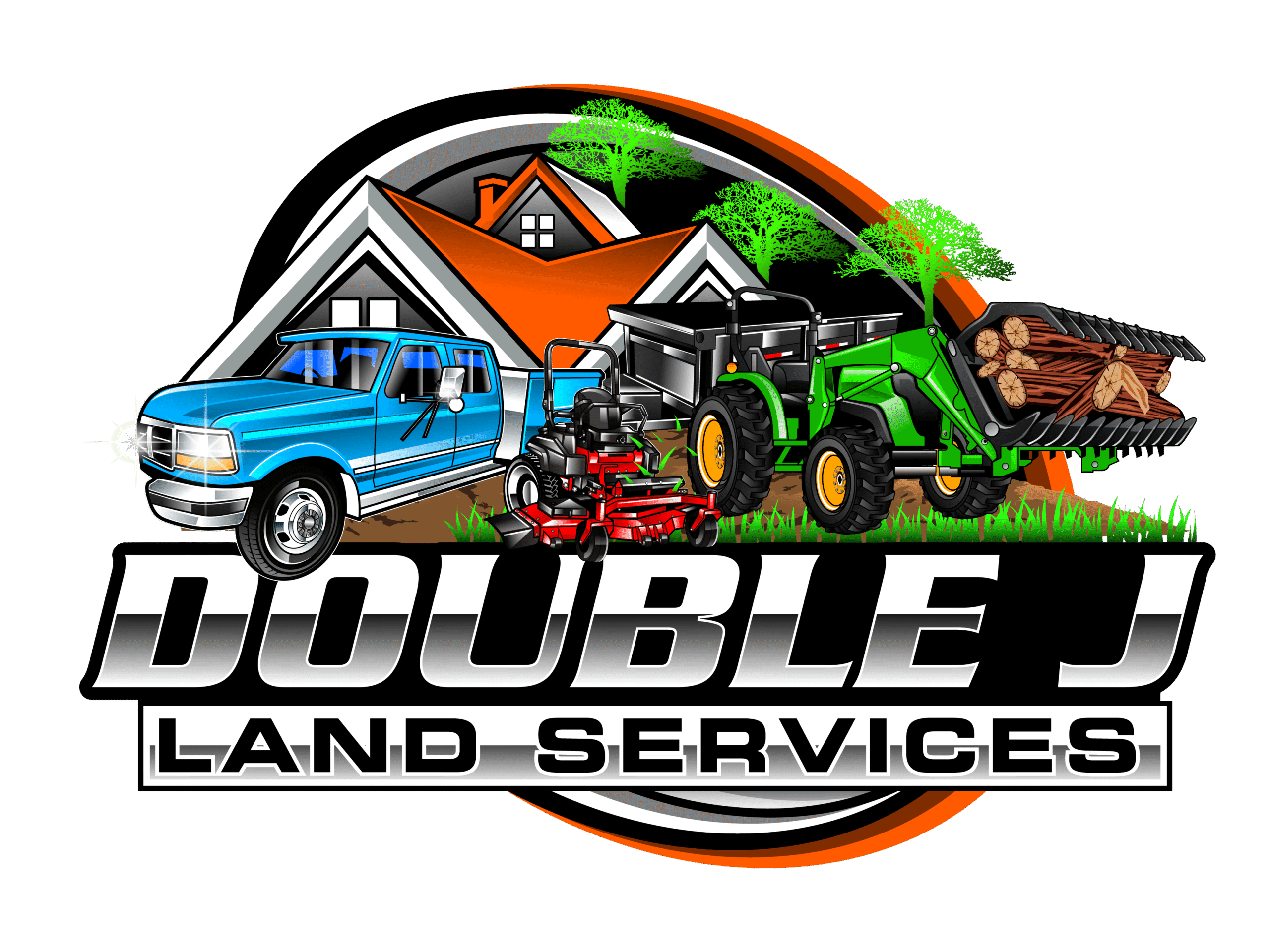 Double J Land Services logo with truck, tractor, and landscaping equipment